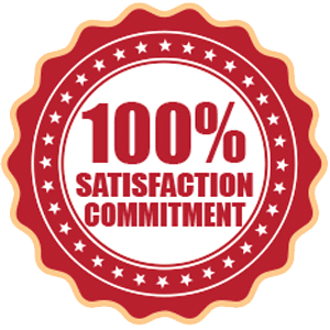 Red badge icon displaying “100% Satisfaction Commitment.”