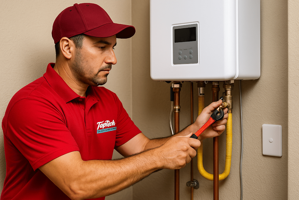 A TopTech Electric & Plumbing plumber working on a tankless water heater that helps reduce a home’s carbon footprint.