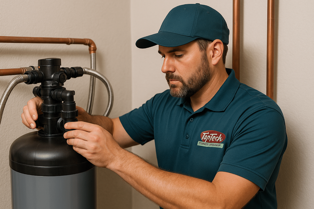 TopTech Electric & Plumbing technician testing installer a water softener to remedy hard water in a household.